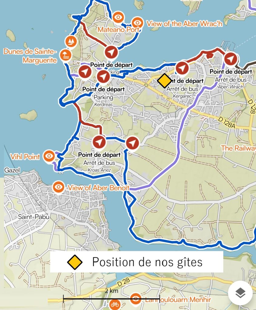 Plan de randonnée Landéda Sainte-Marguerite, gite de vacances sur l'Aber Wrach Ty Bernhel